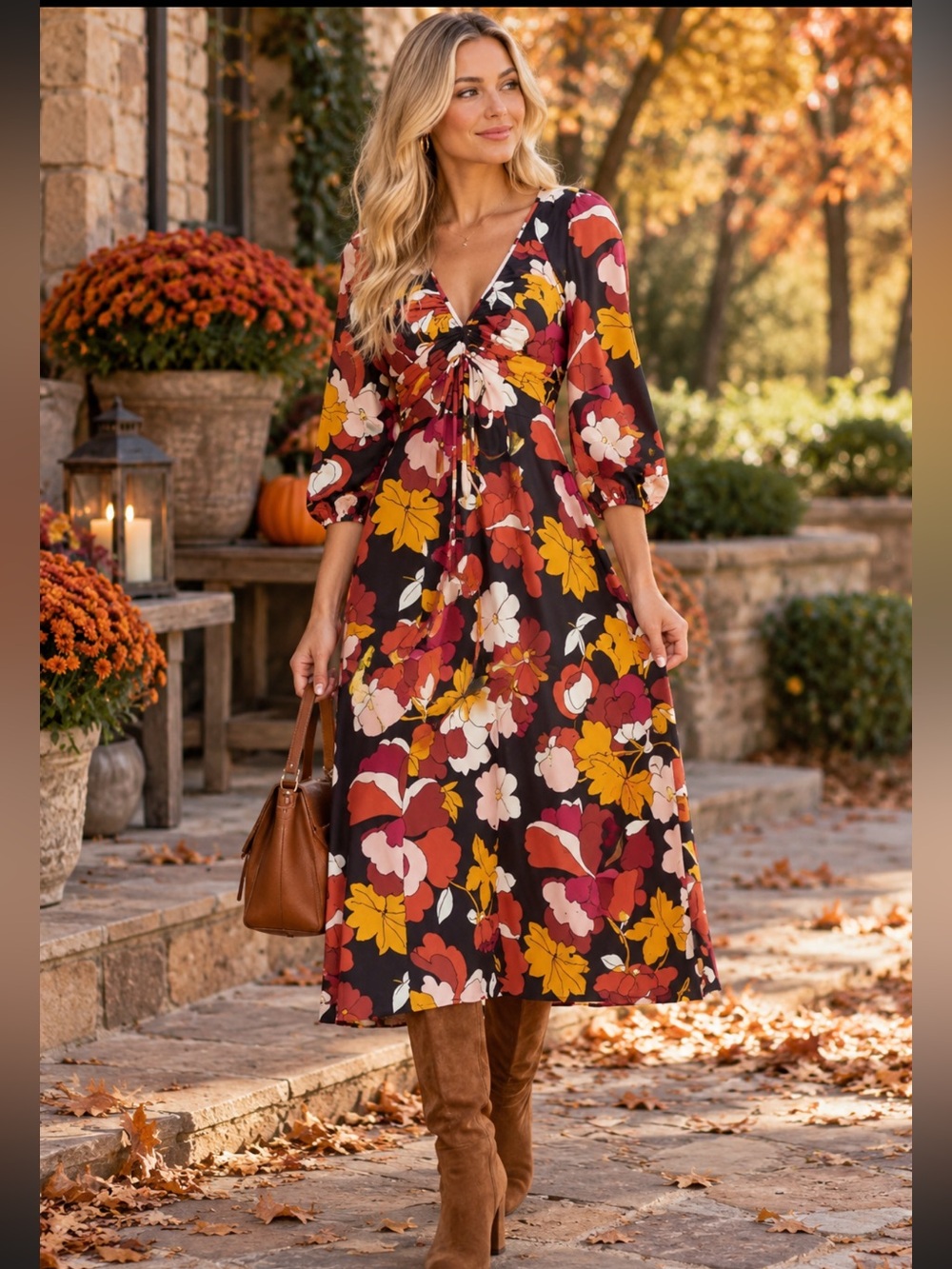 Maeve by Anthropologie Deep V Ruched Midi Dress in Black Floral spring